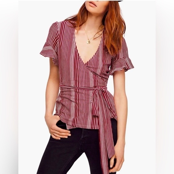 Free People Cache Coeur Top Maroon Red Gray Stripe Bell Sleeve Festive Sz Small - Picture 4 of 8
